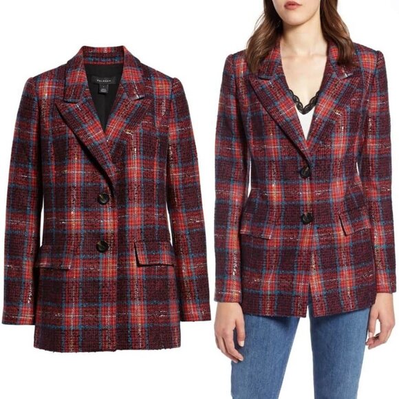 Halogen Jackets & Blazers - Halogen Nordstrom Avondale Tweed Plaid Wool Blend Blazer Jacket Coat S $149 Red